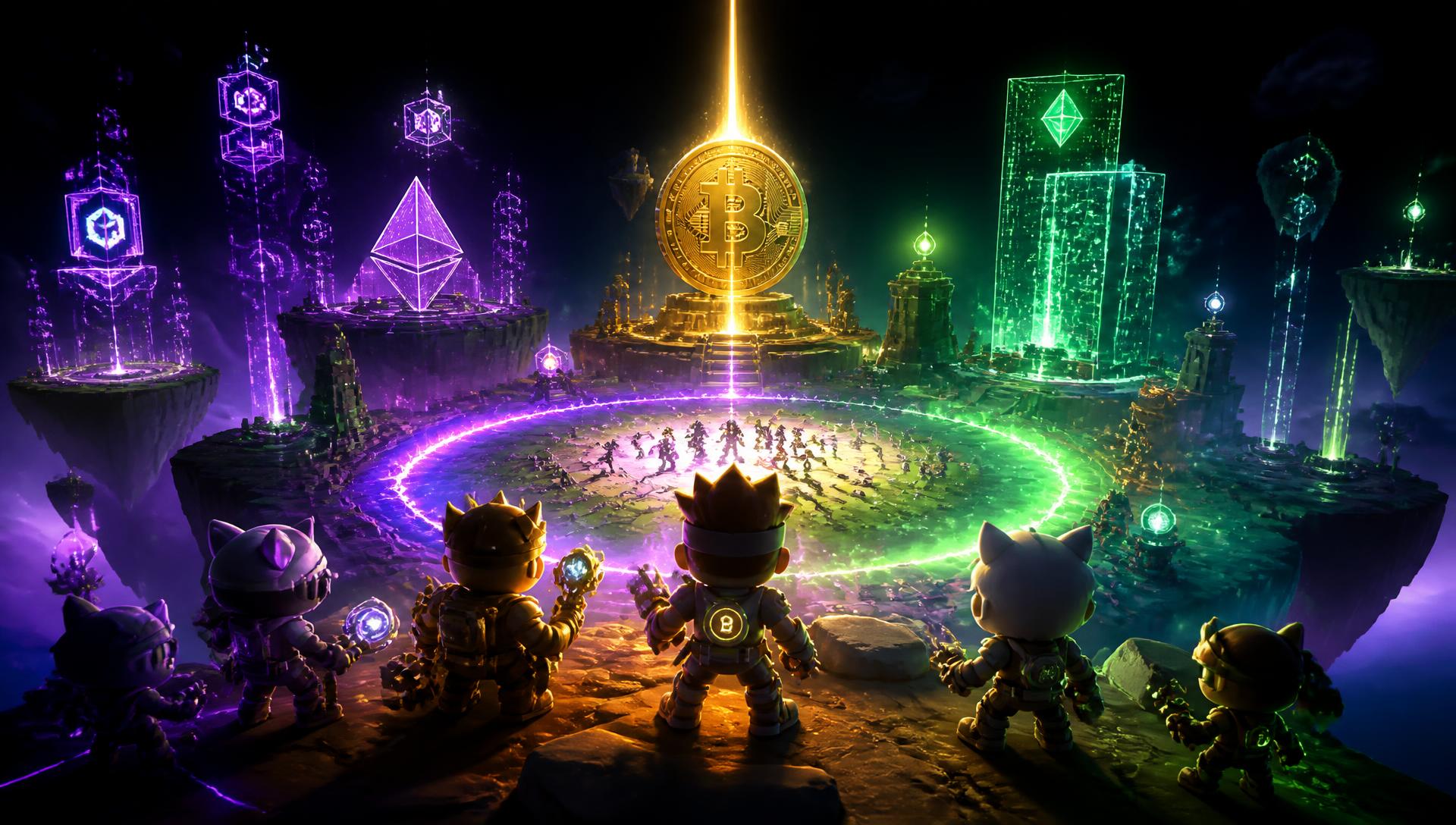 Neon crypto battle island arena with cartoon fighters